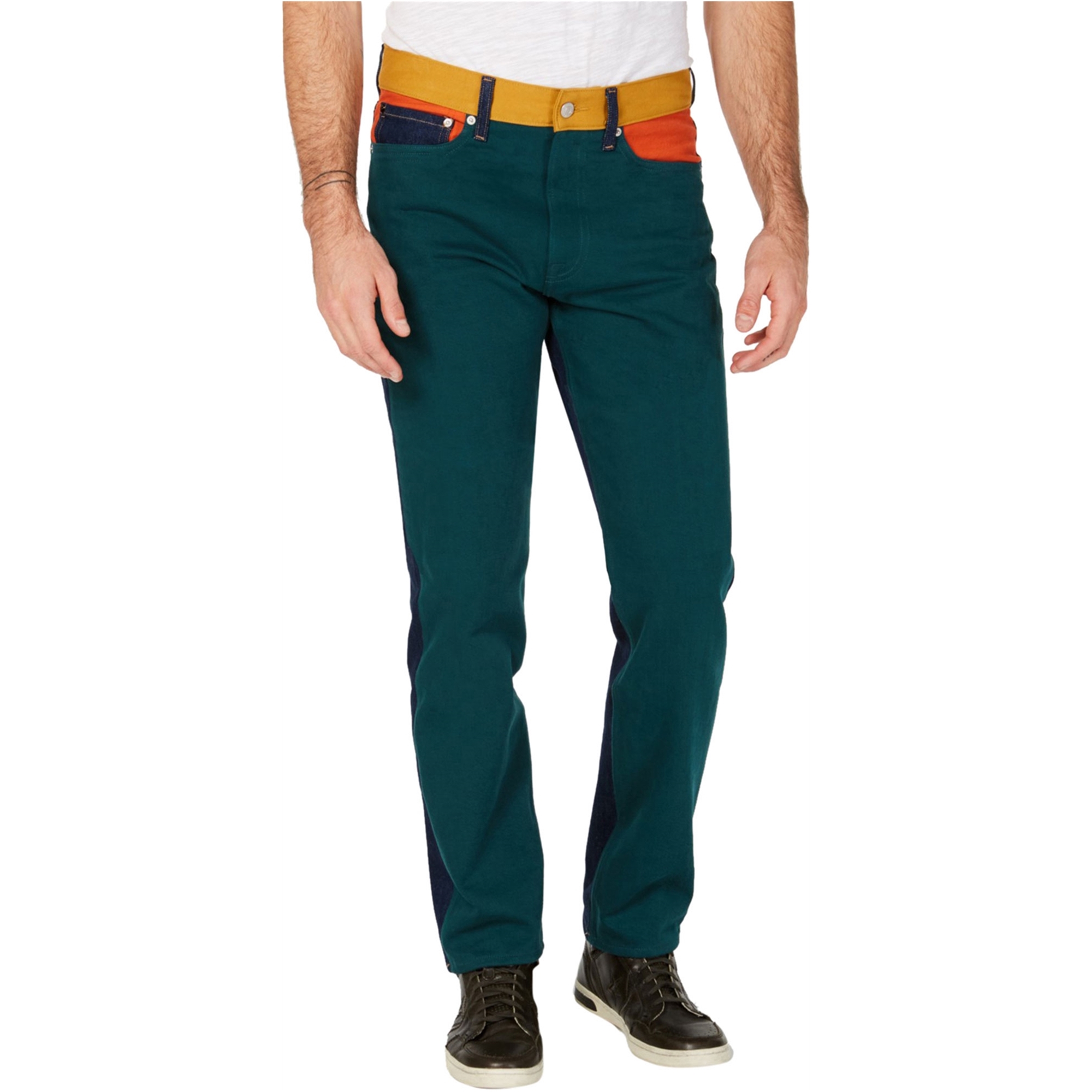 Calvin Klein Mens Patch Colorblock Straight Leg Jeans, Green, 33W x 32L